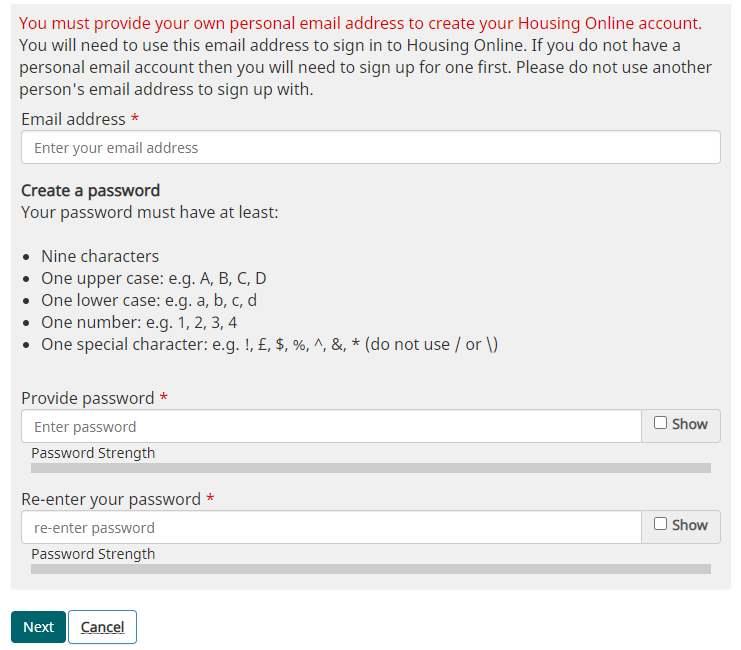 Screenshot of the Housing Online registration page