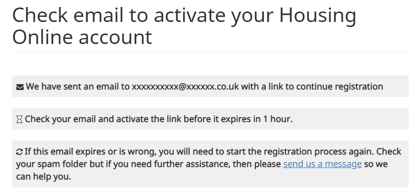 Screenshot of the of the Check your email confirmation screen